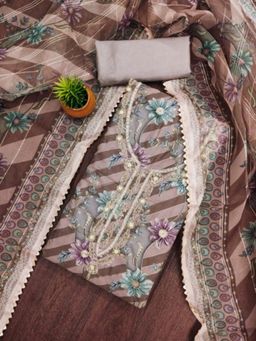 Zeepkart - Organza Silk Brown Colour Floral Unstitched Kurta and Bottom with Dupatta (Set of 3)