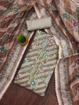 Zeepkart - Organza Silk Grey Colour Floral Unstitched Kurta and Bottom with Dupatta (Set of 3)