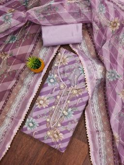 Zeepkart - Organza Silk Purple Colour Floral Unstitched Kurta and Bottom with Dupatta (Set of 3)
