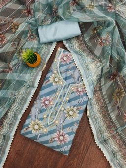 Zeepkart - Organza Silk Teal Colour Floral Unstitched Kurta and Bottom with Dupatta (Set of 3)