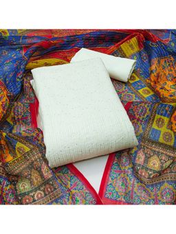 Zeepkart - Chanderi Silk White Colour Embellished Unstitched Kurta and Bottom with Dupatta (Set of 3)