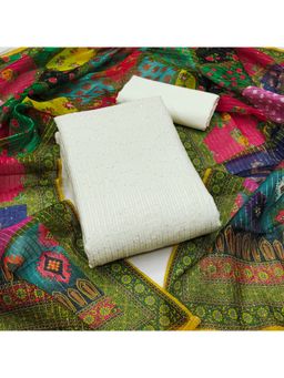 Zeepkart - Chanderi Silk Green Colour Embellished Unstitched Kurta and Bottom with Dupatta (Set of 3)