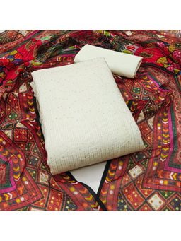 Zeepkart - Chanderi Silk Red Colour Embellished Unstitched Kurta and Bottom with Dupatta (Set of 3)