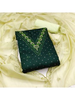 Zeepkart - Chanderi Silk Green Colour Embroidered Unstitched Kurta and Bottom with Dupatta (Set of 3)