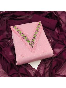 Zeepkart - Chanderi Silk Pink Colour Embroidered Unstitched Kurta and Bottom with Dupatta (Set of 3)