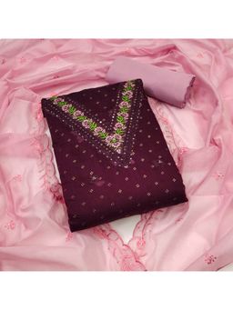 Zeepkart - Chanderi Silk Wine Colour Embroidered Unstitched Kurta and Bottom with Dupatta (Set of 3)