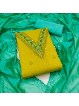 Zeepkart - Chanderi Silk Green Colour Embroidered Unstitched Kurta and Bottom with Dupatta (Set of 3)