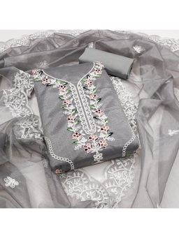 Zeepkart - Cotton Silk Grey Colour Embroidered Unstitched Kurta and Bottom with Dupatta (Set of 3)