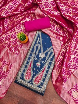 Zeepkart - Chanderi Silk Blue Colour Embellished Unstitched Kurta and Bottom with Dupatta (Set of 3)