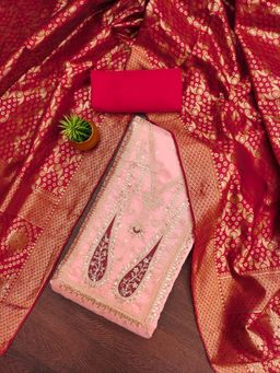 Zeepkart - Chanderi Silk Peach Colour Embellished Unstitched Kurta and Bottom with Dupatta (Set of 3)
