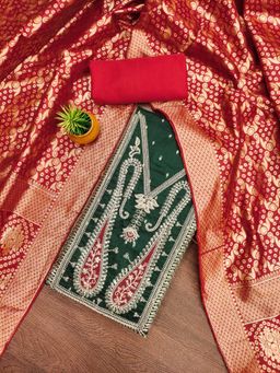 Zeepkart - Chanderi Silk Green Colour Embellished Unstitched Kurta and Bottom with Dupatta (Set of 3)
