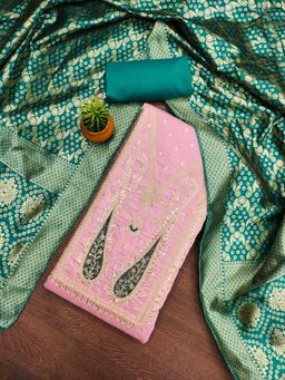 Zeepkart - Chanderi Silk Pink Colour Embellished Unstitched Kurta and Bottom with Dupatta (Set of 3)