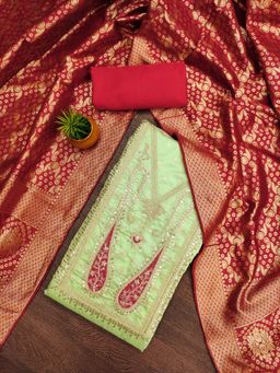 Zeepkart - Chanderi Silk Green Colour Embellished Unstitched Kurta and Bottom with Dupatta (Set of 3)