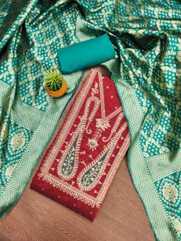 Zeepkart - Chanderi Silk Red Colour Embellished Unstitched Kurta and Bottom with Dupatta (Set of 3)