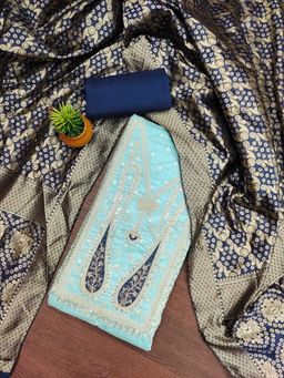 Zeepkart - Chanderi Silk Blue Colour Embellished Unstitched Kurta and Bottom with Dupatta (Set of 3)
