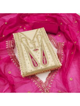 Zeepkart - Chanderi Silk Cream Colour Embellished Unstitched Kurta and Bottom with Dupatta (Set of 3)