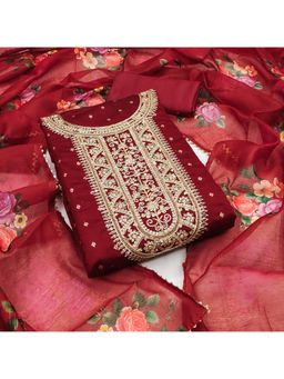 Zeepkart - Chanderi Silk Maroon Colour Embroidered Unstitched Kurta and Bottom with Dupatta (Set of 3)