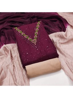Zeepkart - Chanderi Silk Purple Colour Embroidered Unstitched Kurta and Bottom with Dupatta (Set of 3)
