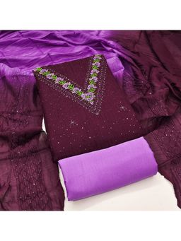 Zeepkart - Chanderi Silk Wine Colour Embroidered Unstitched Kurta and Bottom with Dupatta (Set of 3)