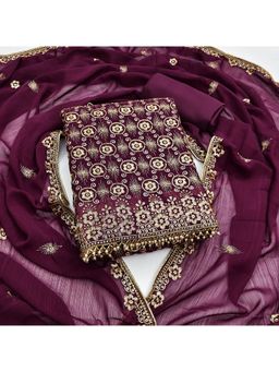 Zeepkart - Cotton Silk Wine Colour Embroidered Unstitched Kurta and Bottom with Dupatta (Set of 3)