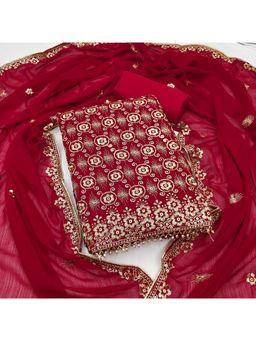 Zeepkart - Cotton Silk Red Colour Embroidered Unstitched Kurta and Bottom with Dupatta (Set of 3)