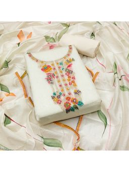 Zeepkart - Jecard Silk White Colour Embroidered Unstitched Kurta and Bottom with Dupatta (Set of 3)