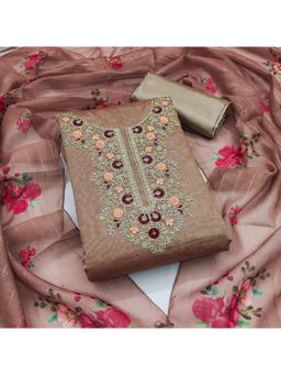 Zeepkart - Chanderi Silk Brown Colour Embroidered Unstitched Kurta and Bottom with Dupatta (Set of 3)