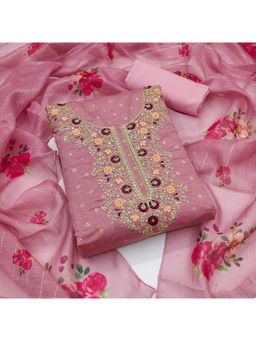 Zeepkart - Chanderi Silk Pink Colour Embroidered Unstitched Kurta and Bottom with Dupatta (Set of 3)