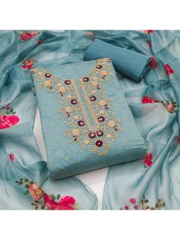 Zeepkart - Chanderi Silk Blue Colour Embroidered Unstitched Kurta and Bottom with Dupatta (Set of 3)