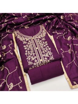 Zeepkart - Cotton Silk Purple Colour Embroidered Unstitched Kurta and Bottom with Dupatta (Set of 3)