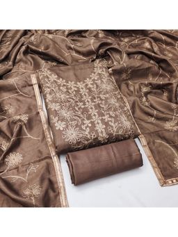 Zeepkart - Cotton Silk Brown Colour Embroidered Unstitched Kurta and Bottom with Dupatta (Set of 3)