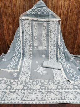 Zeepkart - Chanderi Silk Grey Colour Embroidered Unstitched Kurta and Bottom with Dupatta (Set of 3)