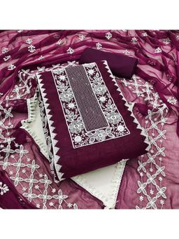 Zeepkart - Chanderi Silk Purple Colour Embroidered Unstitched Kurta and Bottom with Dupatta (Set of 3)
