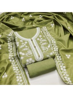Zeepkart - Cotton Silk Green Colour Embroidered Unstitched Kurta and Bottom with Dupatta (Set of 3)