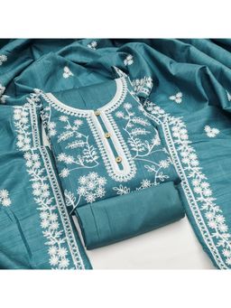 Zeepkart - Cotton Silk Teal Colour Embroidered Unstitched Kurta and Bottom with Dupatta (Set of 3)