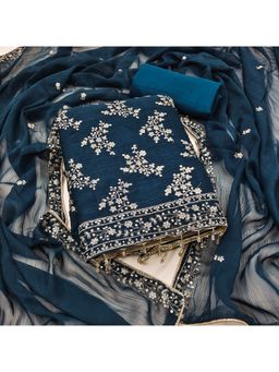 Zeepkart - Cotton Silk Teal Colour Embroidered Unstitched Kurta and Bottom with Dupatta (Set of 3)