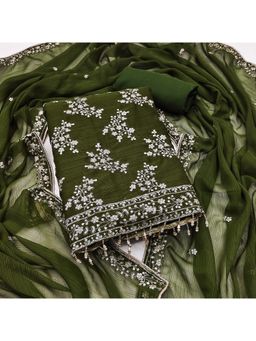 Zeepkart - Cotton Silk Olive Colour Embroidered Unstitched Kurta and Bottom with Dupatta (Set of 3)