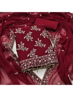 Zeepkart - Cotton Silk Maroon Colour Embroidered Unstitched Kurta and Bottom with Dupatta (Set of 3)