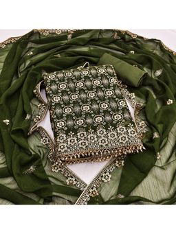 Zeepkart - Chanderi Silk Green Colour Embroidered Unstitched Kurta and Bottom with Dupatta (Set of 3)