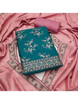 Zeepkart - Cotton Silk Teal Colour Embroidered Unstitched Kurta and Bottom with Dupatta (Set of 3)
