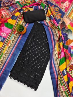 Zeepkart - Georgette Silk Black Colour Embroidered Unstitched Kurta and Bottom with Dupatta (Set of 3)