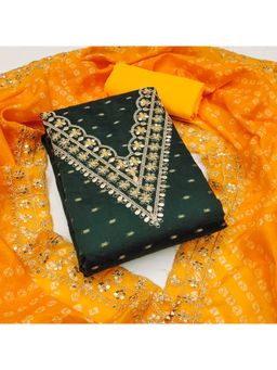 Zeepkart - Chanderi Silk Green Colour Embroidered Unstitched Kurta and Bottom with Dupatta (Set of 3)