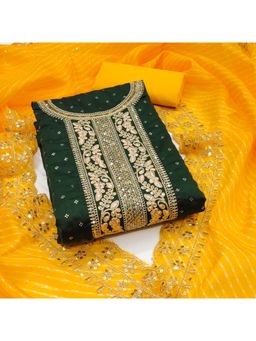 Zeepkart - Chanderi Silk Green Colour Embellished Unstitched Kurta and Bottom with Dupatta (Set of 3)