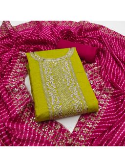 Zeepkart - Chanderi Silk Parrot Colour Embellished Unstitched Kurta and Bottom with Dupatta (Set of 3)