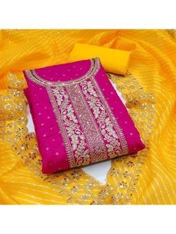 Zeepkart - Chanderi Silk Rani Colour Embellished Unstitched Kurta and Bottom with Dupatta (Set of 3)