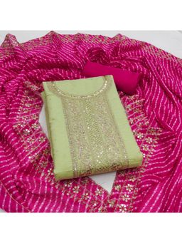 Zeepkart - Chanderi Silk Green Colour Embellished Unstitched Kurta and Bottom with Dupatta (Set of 3)