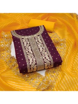 Zeepkart - Chanderi Silk Wine Colour Embellished Unstitched Kurta and Bottom with Dupatta (Set of 3)