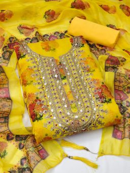 Zeepkart - Chanderi Silk Yellow Colour Floral Unstitched Kurta and Bottom with Dupatta (Set of 3)