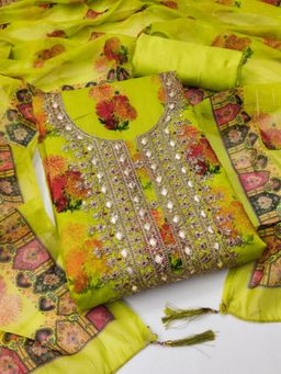 Zeepkart - Chanderi Silk Green Colour Floral Unstitched Kurta and Bottom with Dupatta (Set of 3)