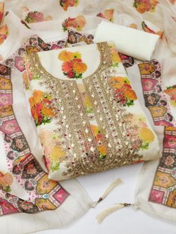 Zeepkart - Chanderi Silk White Colour Floral Unstitched Kurta and Bottom with Dupatta (Set of 3)